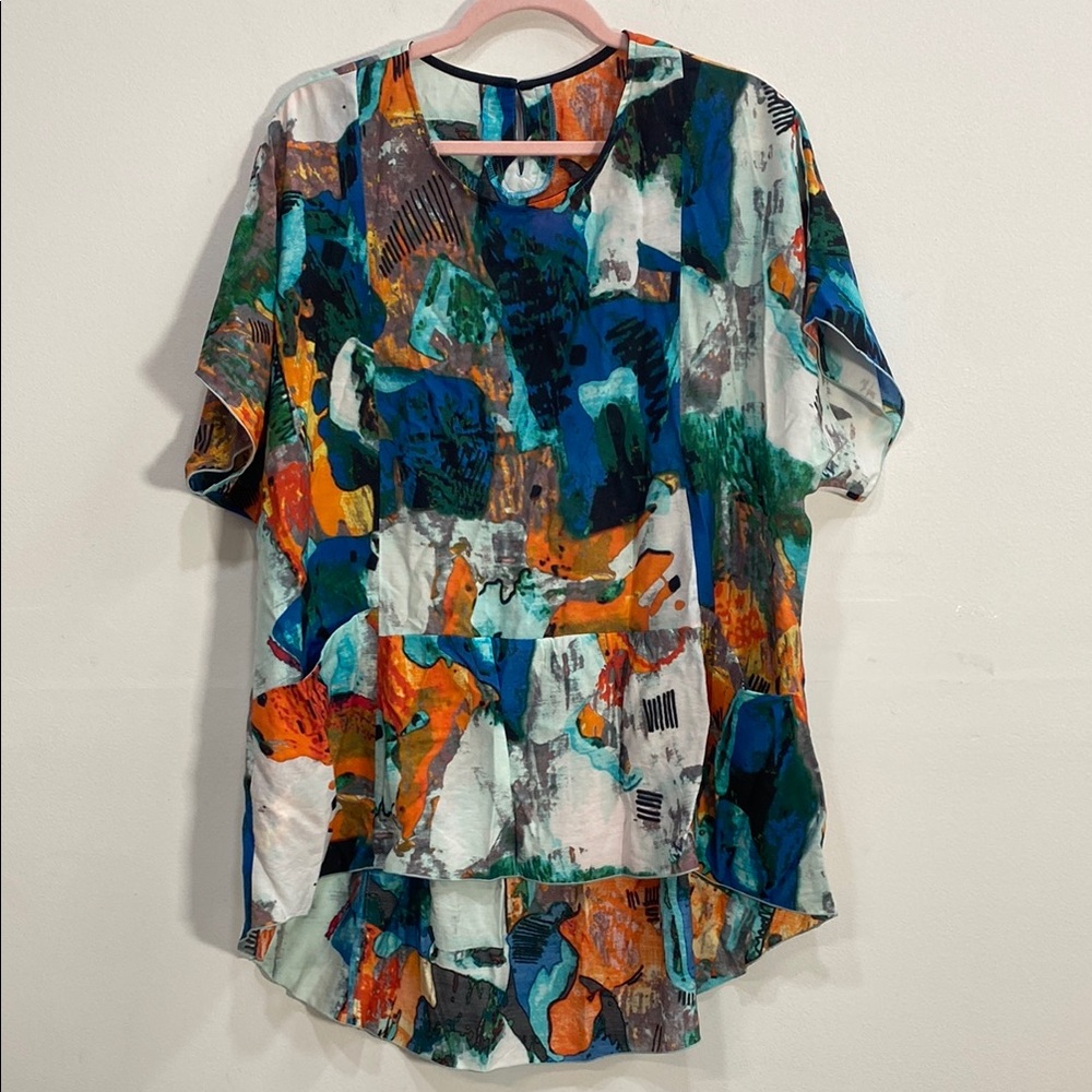 3Potato Artistic Short Sleeve Graphic Blouse Pockest L/XL‎